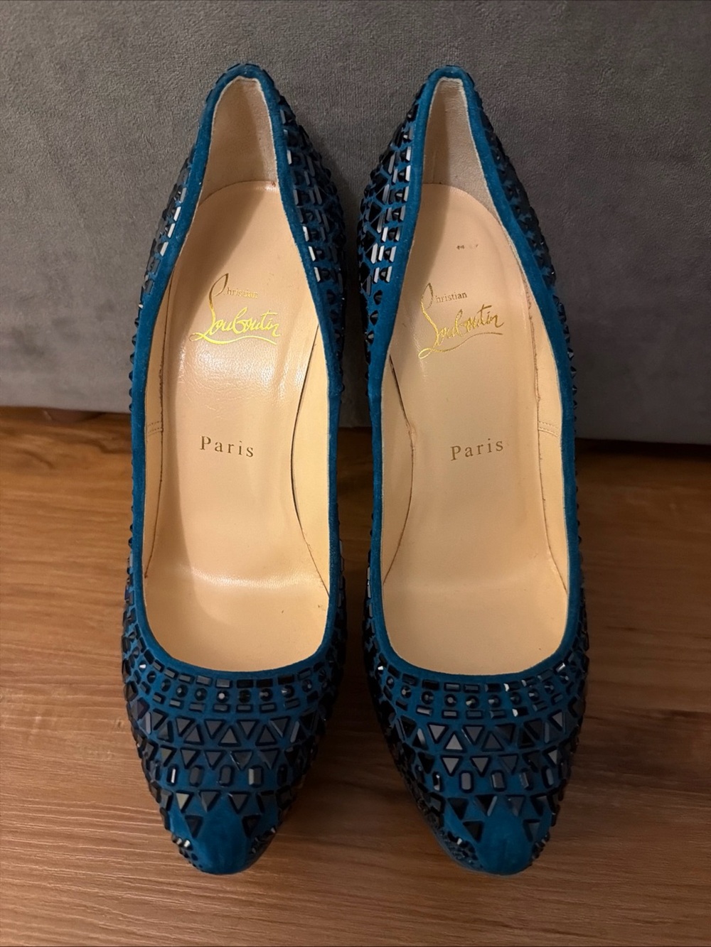 Christian Louboutin Decora Strass Teal Blue Suede Crystal Platform Pumps 38 - Picture 2 of 13